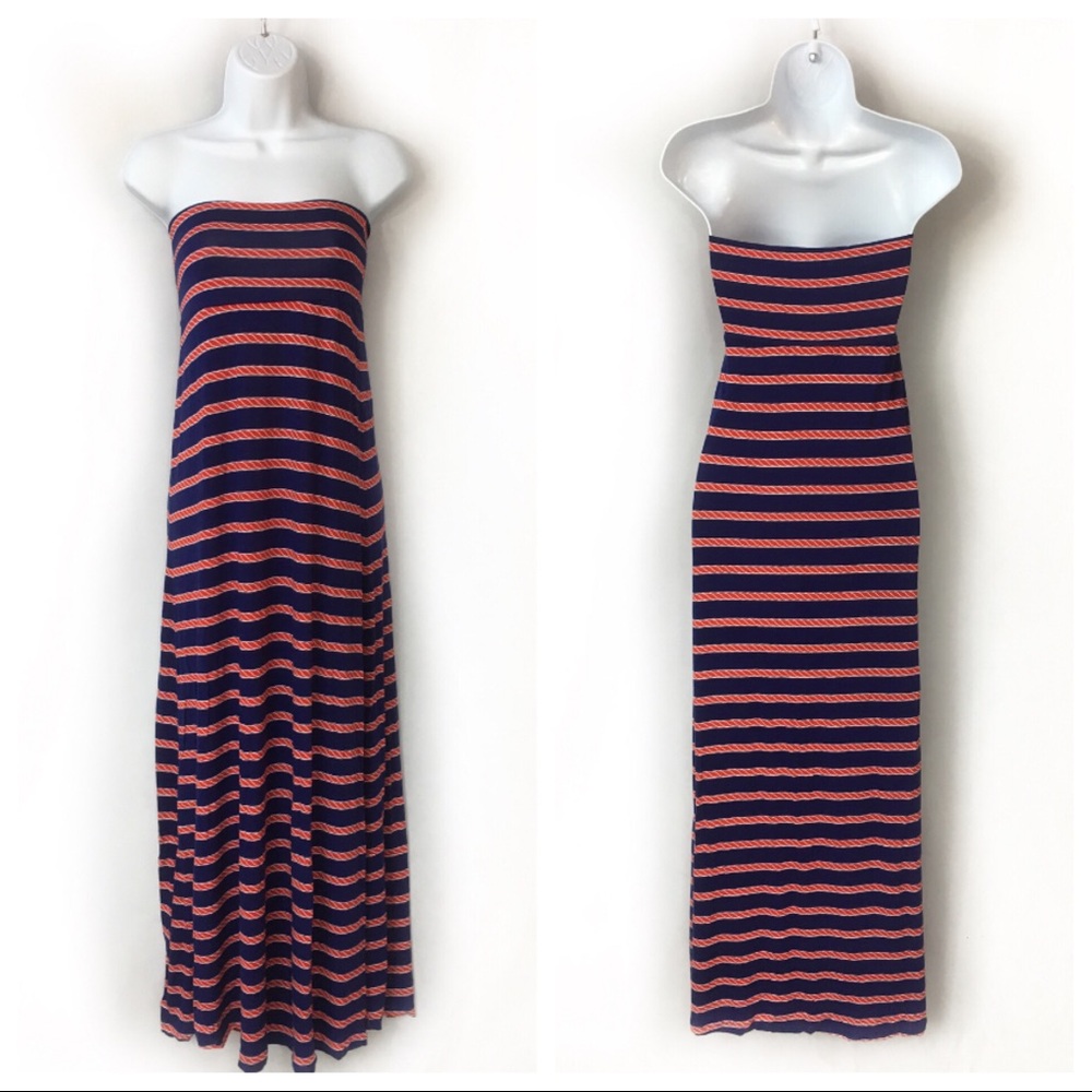Macbeth Collection Maxi Dress Strapless Medium Nautical Striped Rayon